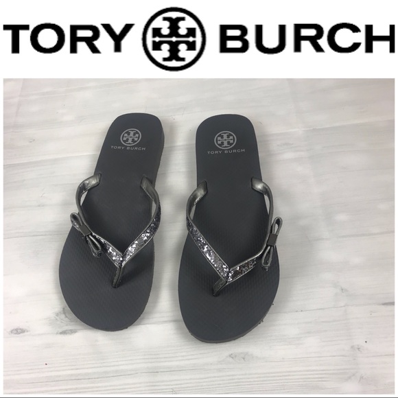 Tory Burch Shoes - NWOT Tory Burch Gray Flip Flops W/Slvr Bow Sz 10